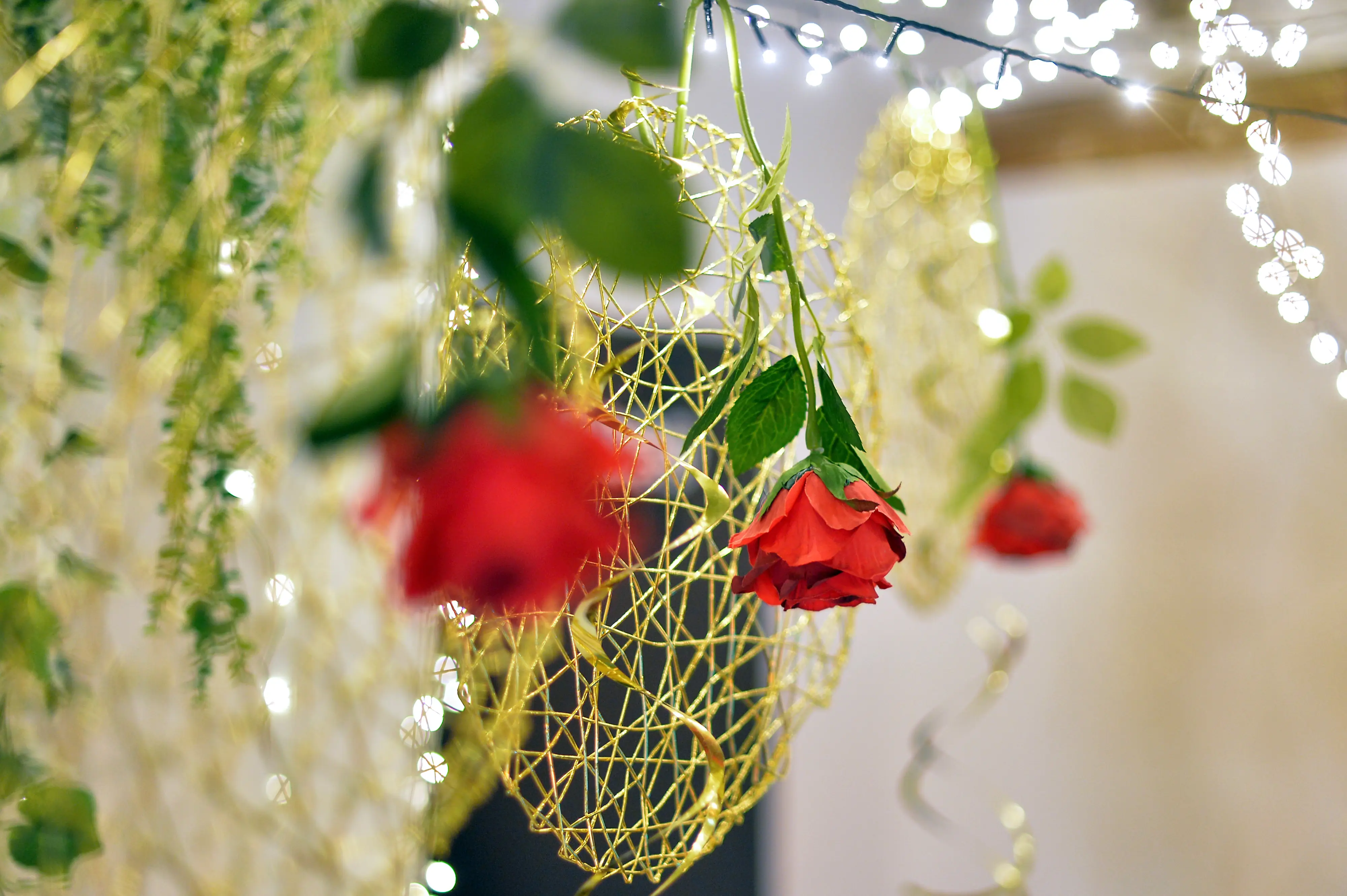 Soft-focus close-up of roses and hanging decor