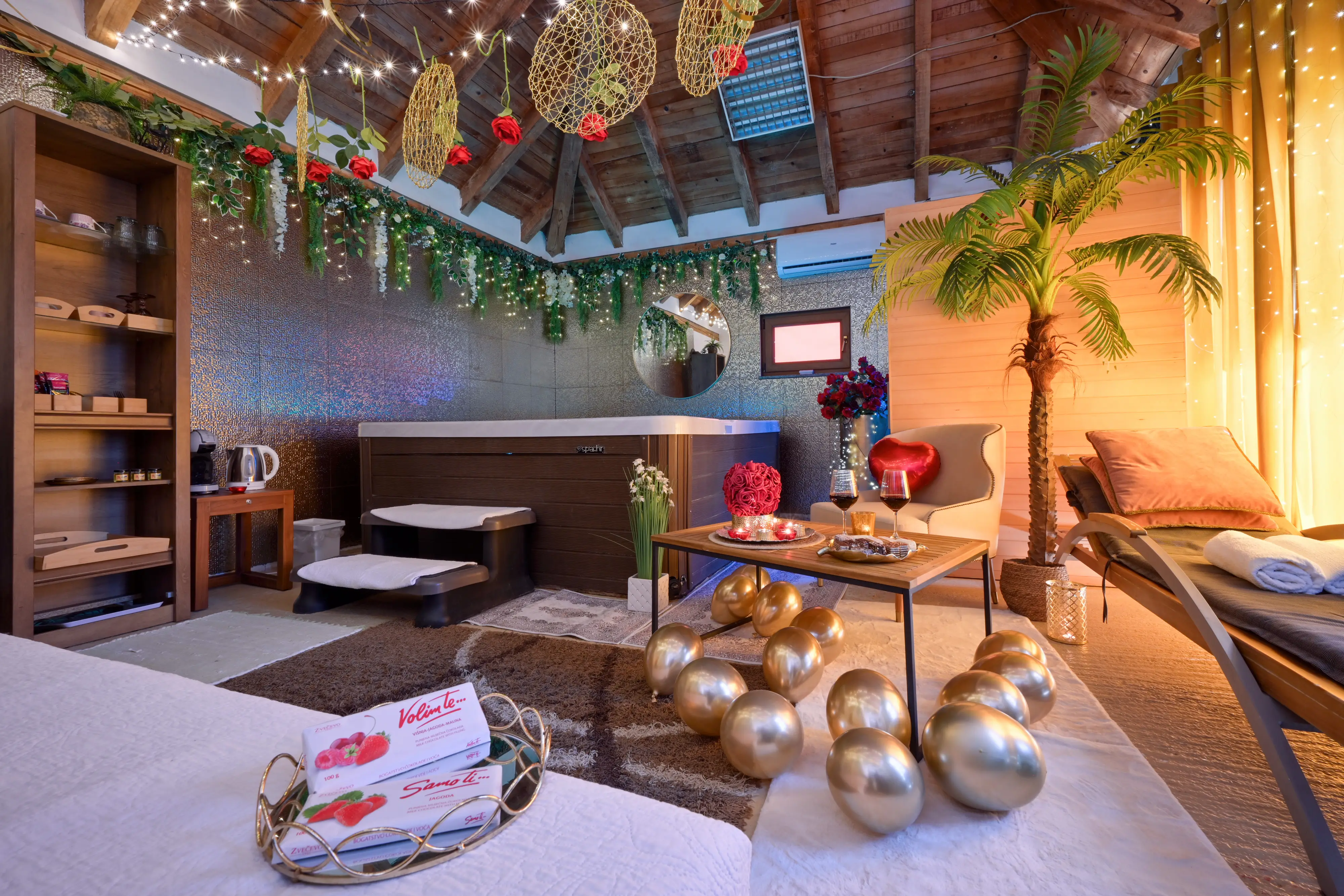 Spa setup with 50 balloons and jacuzzi from another angle