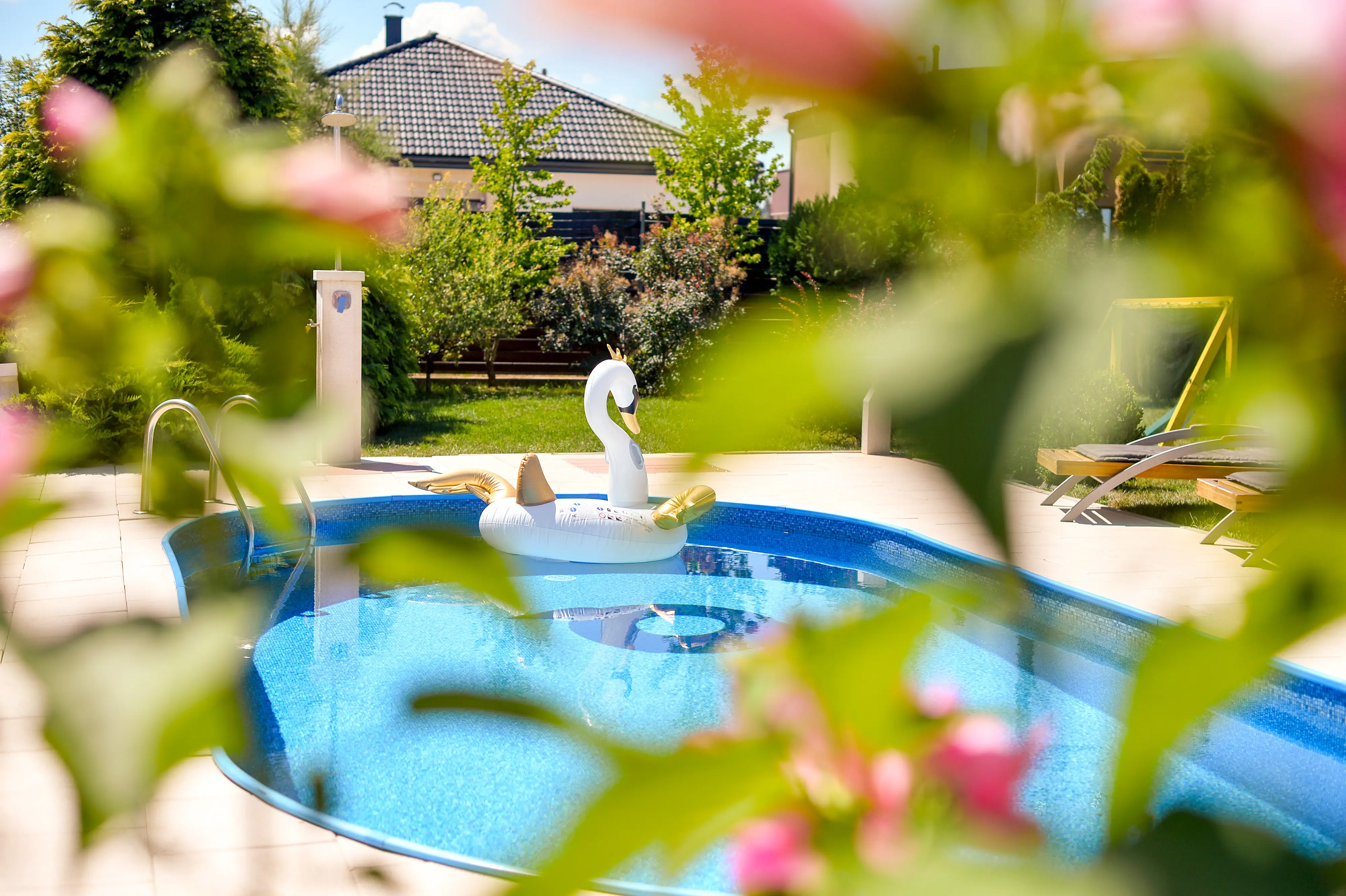 Pool with white swan float framed through flowers