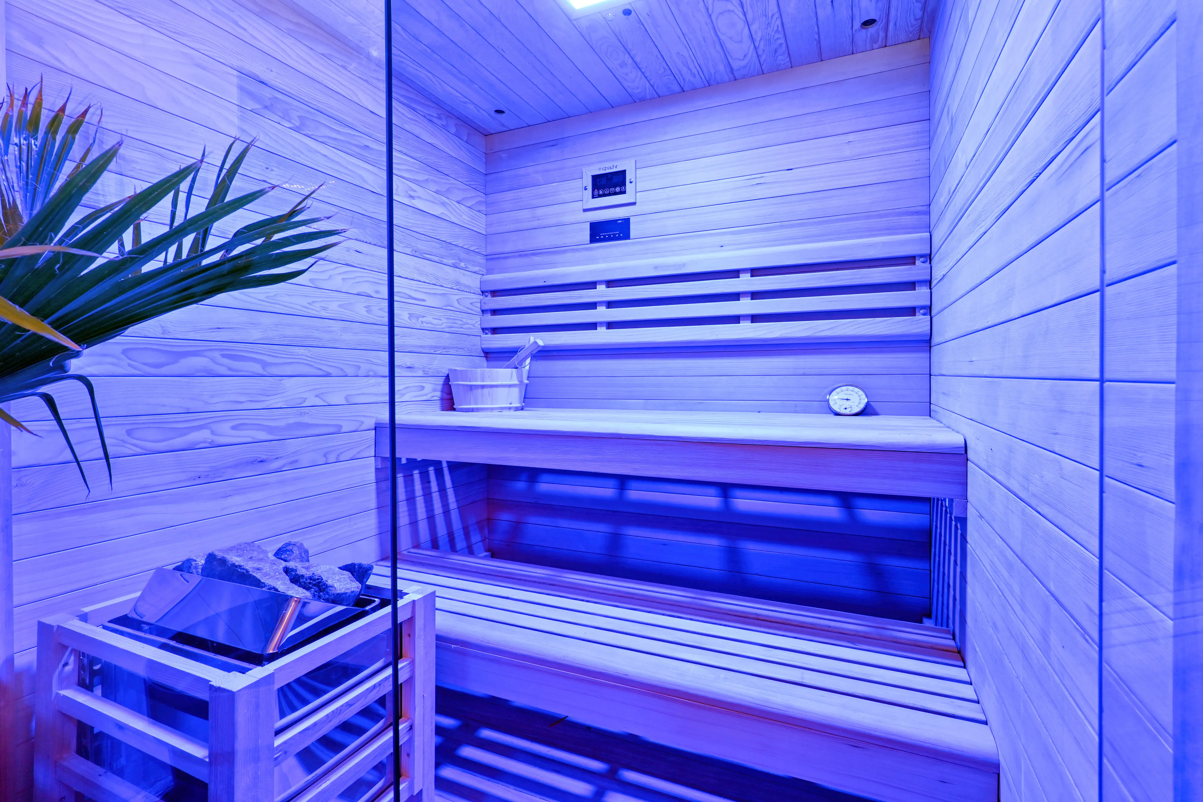 Blue-lit sauna interior with benches